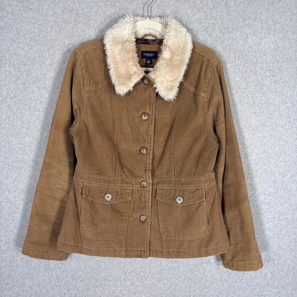 Y2K Vintage Corduroy Barn Chore Coat Jacket Medium Faux Fur Collar Penny Lane